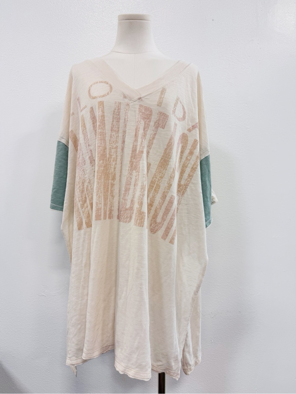 Free People Relaxed Cream Graphic V-Neck Women’s Top with Sage Sleeves